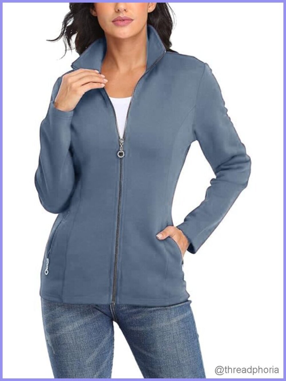 Full-zip Jacket Stand Collar Cotton Slim Fit Running Jacket with Pockets